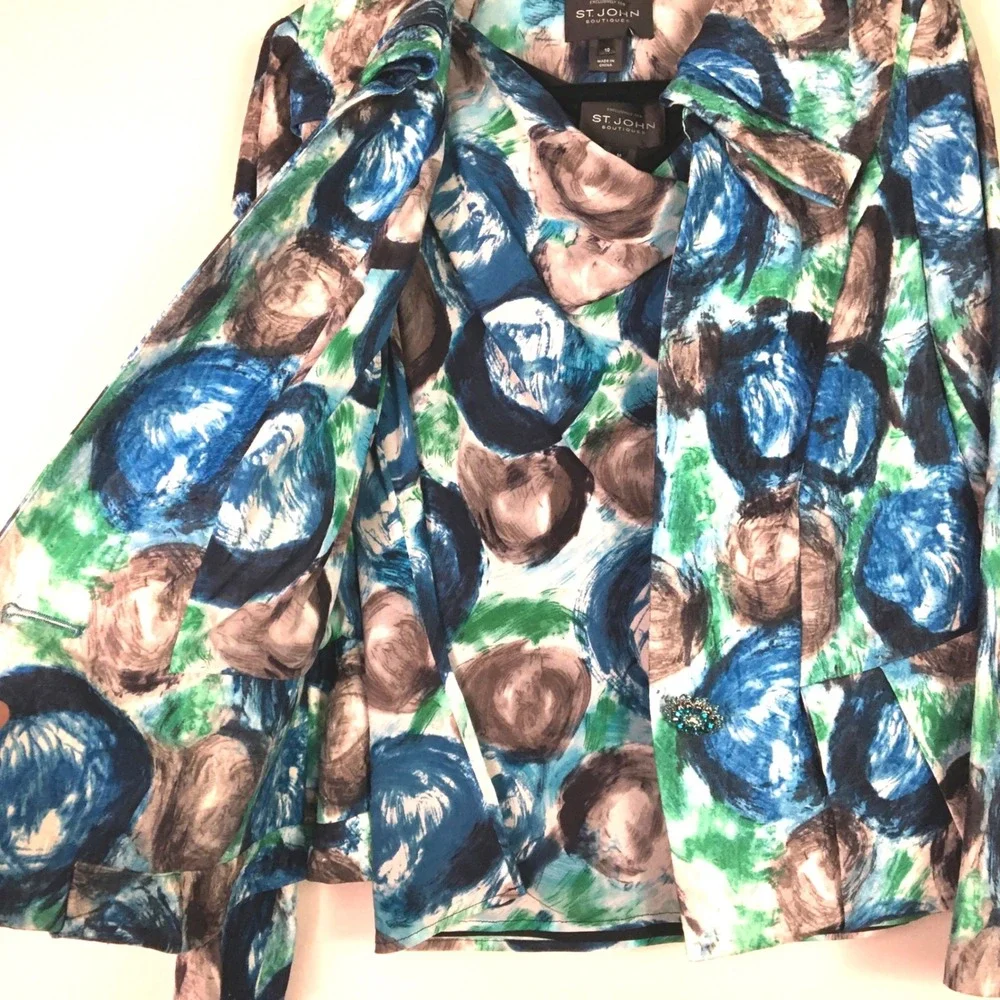 St. John Couture Abstract Print Blazer and Shell Top Set 10 Blue Green